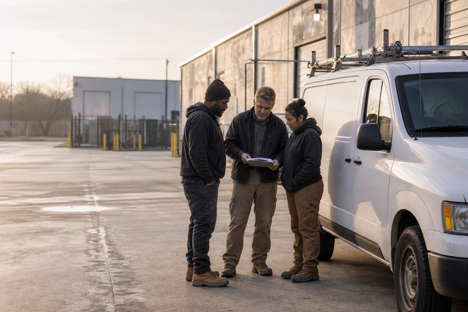 Operators reviewing the day's plan beside a work van