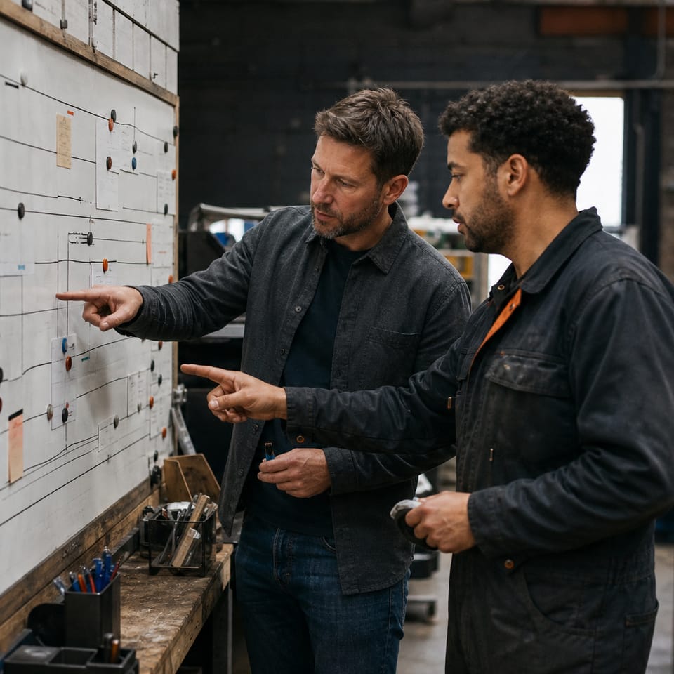 Concept image of an operations lead and field technician reviewing a shared process board